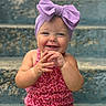 Wrenlee is registered to the contest to win money with this photo: baby, child, smiling, headband, bow, purple, red, floral, outfit, sitting, stairs, concrete, hands, happy, cute, portrait, toddler, skin, face, expression