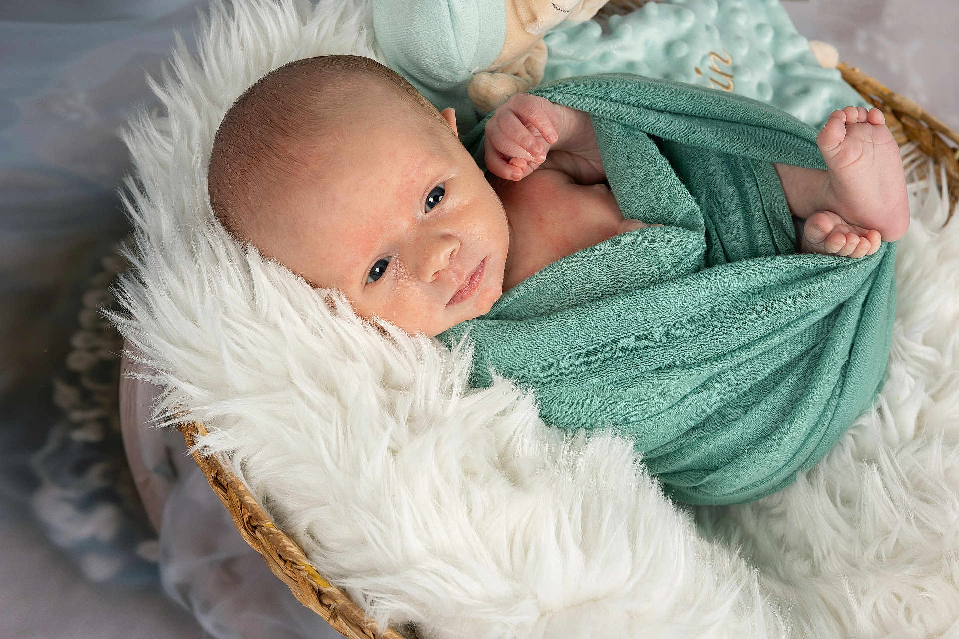 Martin a rejoint le concours — aidez-le/la à gagner de superbes lots ! baby, basket, blanket, cozy, eyes_open, fabric, faux_fur, hand, infant, lying_down, newborn, nursery, peaceful, photography, portrait, skin, soft_texture, swaddle, teal, tiny_feet