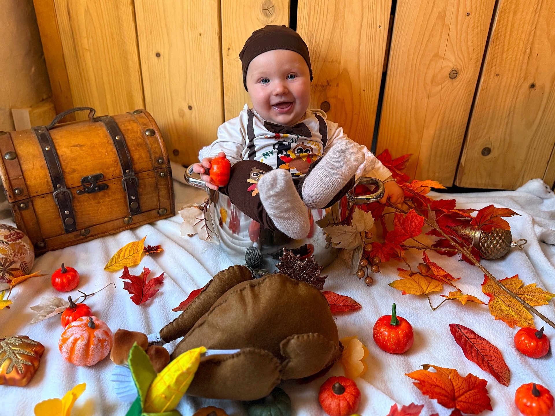 Samson participe au concours pour gagner de l'argent avec cette photo : baby, child, pot, metal, pumpkins, autumn, fall, leaves, orange, yellow, plush_toy, turkey, smiling, hat, wooden_background, festive, decorations, white_blanket, cute, happy