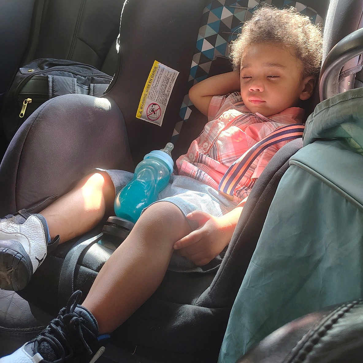 Zaavan is registered to the contest to win money with this photo: black_shoes, car_interior, car_seat, child, clothing, curly_hair, daylight, plaid_shirt, relaxed, seat, seatbelt, shoes, shorts, sippy_cup, sleeping, sunlight, toddler, travel, vehicle, white_shoes