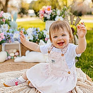 Ashlyn is registered to the contest to win money with this photo: toddler, child, smiling, outdoor, spring, flowers, blanket, grass, sunlight, happy, cute, dress, playful, nature, easter, decorations, person, portrait, young_child, sitting
