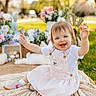 toddler, child, smiling, outdoor, spring, flowers, blanket, grass, sunlight, happy, cute, dress, playful, nature, easter, decorations, person, portrait, young_child, sitting