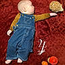 baby, infant, child, lying_down, profile, face, hedgehog, animal, red_blanket, denim_overalls, mustard_shirt, bare_feet, toys, colorful_balls, number_four, indoor, portrait, playtime, reaching, cozy