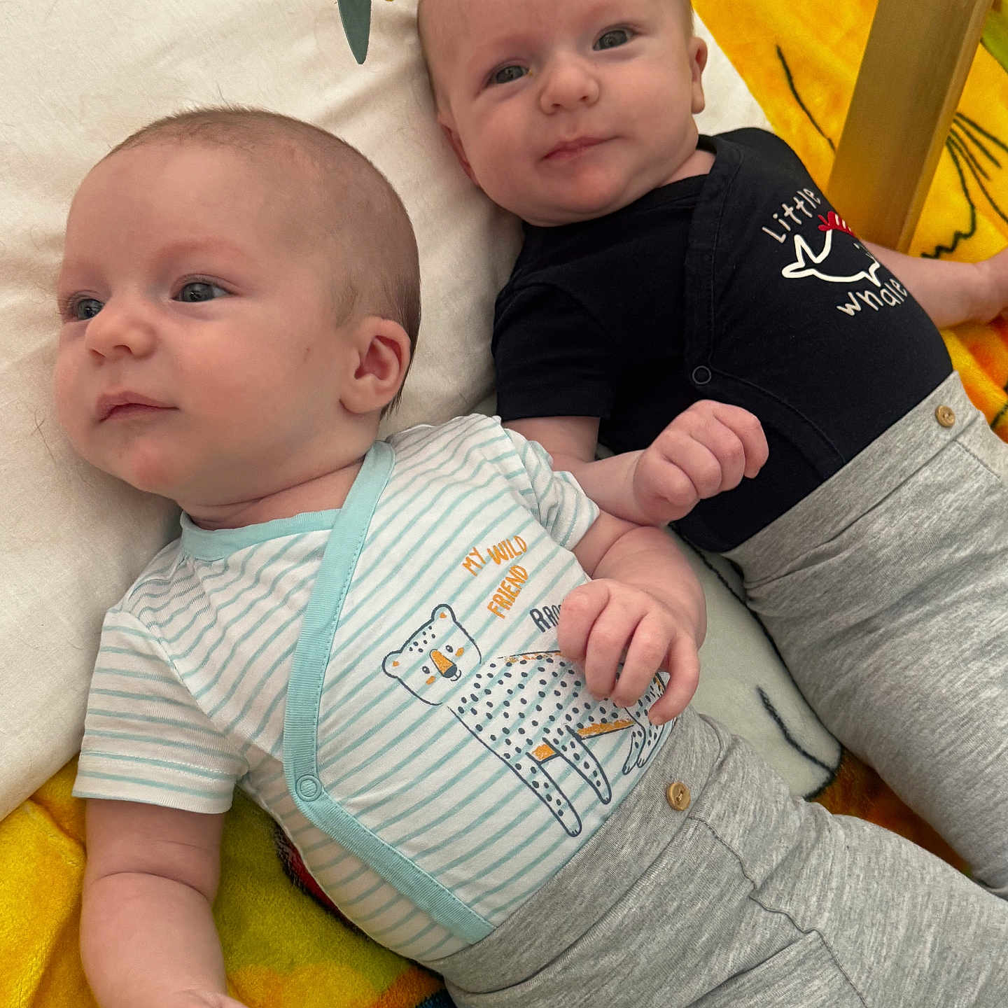 Elios Et Marius a rejoint le concours — aidez-le/la à gagner de superbes lots ! animal_print, baby, blanket, child, closeup, clothing, cute, face, gray_pants, hand, head, indoor, infant, lying_down, onesie, play_area, portrait, smiling, soft_toys, two_children