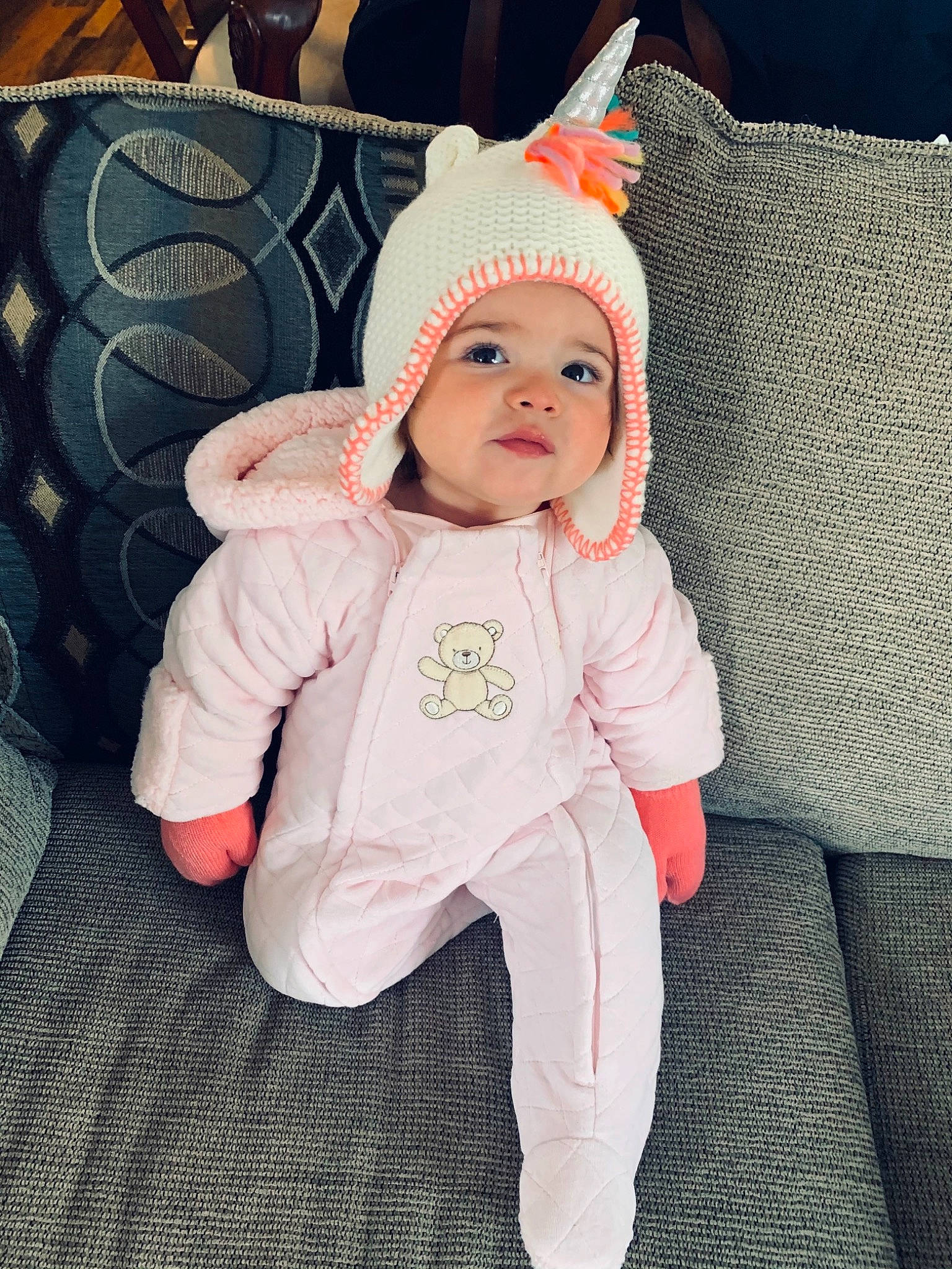 Juliette joined the competition — help win amazing prizes! art, baby, baby_toddler_clothing, beanie, cap, child, costume_hat, fashion_accessory, fictional_character, fur, happy, headgear, headwear, hood, human_body, knit_cap, linens, outerwear, pattern, person