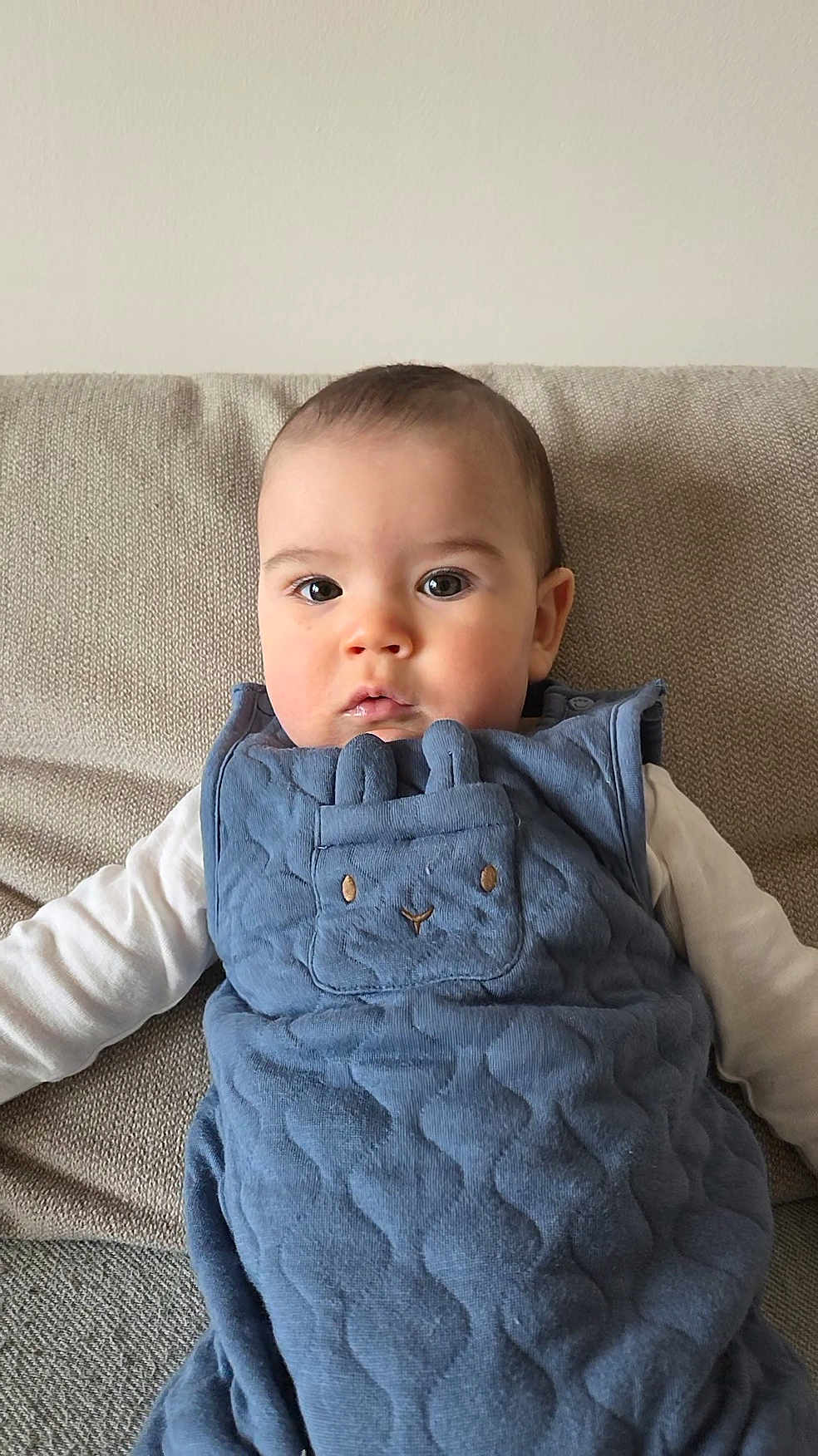 émile participe au concours pour gagner de l'argent avec cette photo : baby, child, infant, blue_outfit, quilted_clothing, bunny_design, couch, beige_background, face, eyes, portrait, sitting, indoor, cozy, cute, young_child, soft_texture, comfortable, looking_at_camera, innocent_expression