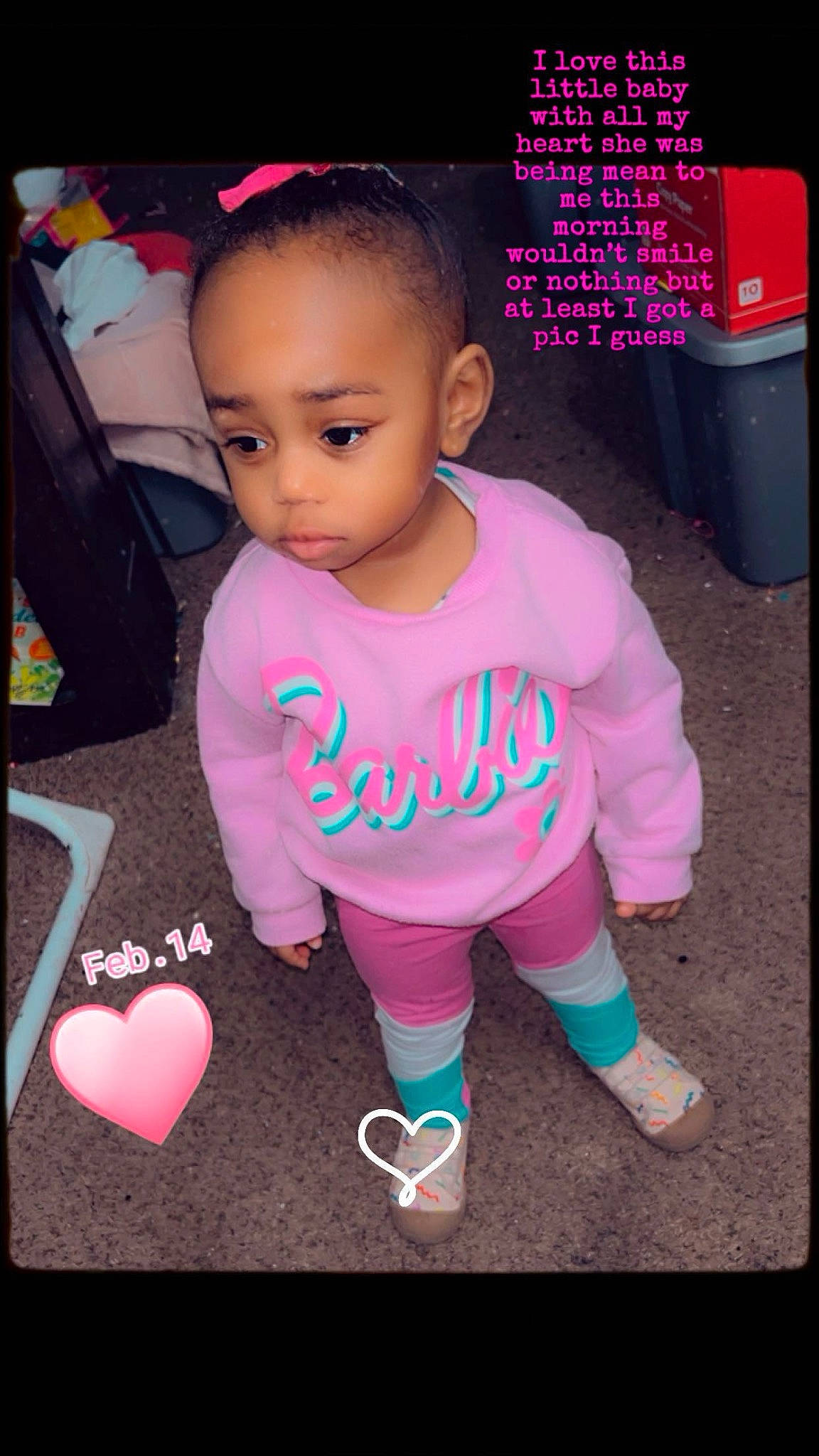 Imani joined the competition — help win amazing prizes! baby, baby_toddler_clothing, beauty, cheek, child, eyelash, fashion_accessory, font, hairstyle, happy, magenta, material_property, pattern, person, photo_caption, pink, product, sleeve, sock, t_shirt