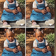 Kiara is registered to the contest to win money with this photo: beads, braided_hair, child, collage, curious, cute, denim_dress, four_frames, heart_icon, nature, outdoor, pink_socks, plant, portrait, shoes, sitting, soil, sunlight, toddler, young_child