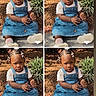 beads, braided_hair, child, collage, curious, cute, denim_dress, four_frames, heart_icon, nature, outdoor, pink_socks, plant, portrait, shoes, sitting, soil, sunlight, toddler, young_child