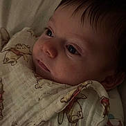 Luca is registered to the contest to win money with this photo: baby, infant, face, blanket, winnie_the_pooh, soft_lighting, close_up, child, portrait, sleepwear, cute, young, newborn, expression, cozy, indoors, resting, person, head, calm