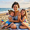 beach, ocean, sand, woman, child, children, smiling, family, summer, sunny, towel, play, happy, vacation, outdoor, people, fun, water, casual, relaxation