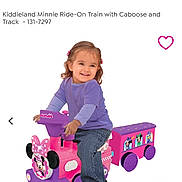 Rose-Renee joined the competition — help win amazing prizes! toddler, child, toy, ride_on_train, minnie_mouse, purple, jeans, smiling, white_background, indoor, product_photo, online_shopping, website, text_overlay, price_tag, payment_option, furniture, cute, play, kids_toy