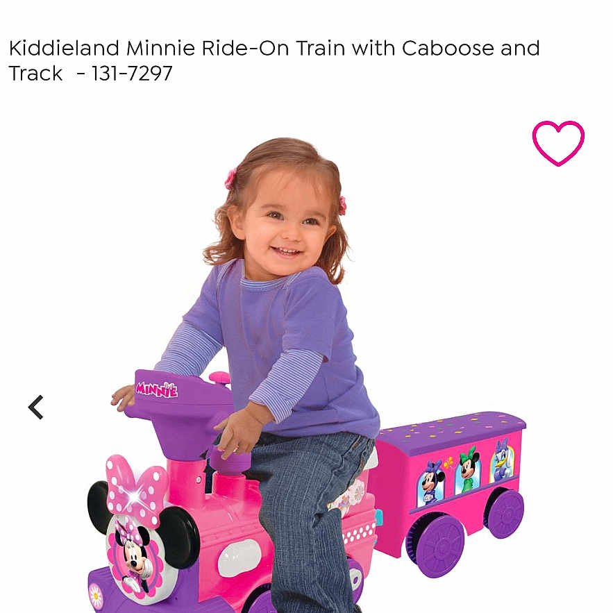 Rose-Renee joined the competition — help win amazing prizes! toddler, child, toy, ride_on_train, minnie_mouse, purple, jeans, smiling, white_background, indoor, product_photo, online_shopping, website, text_overlay, price_tag, payment_option, furniture, cute, play, kids_toy