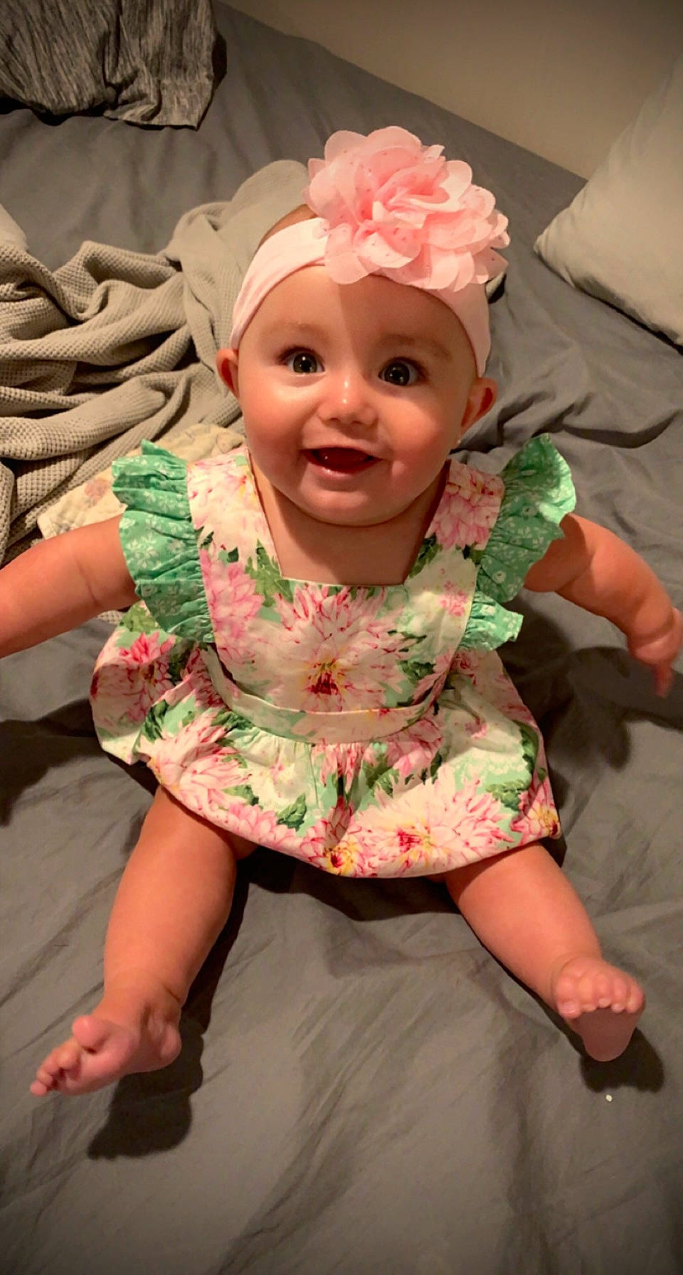 Evelyn joined the competition — help win amazing prizes! baby, baby_toddler_clothing, cheek, child, chin, dress, event, eye, finger, fun, happy, headgear, headwear, joy, mouth, peach, person, pink, skin, sleeve
