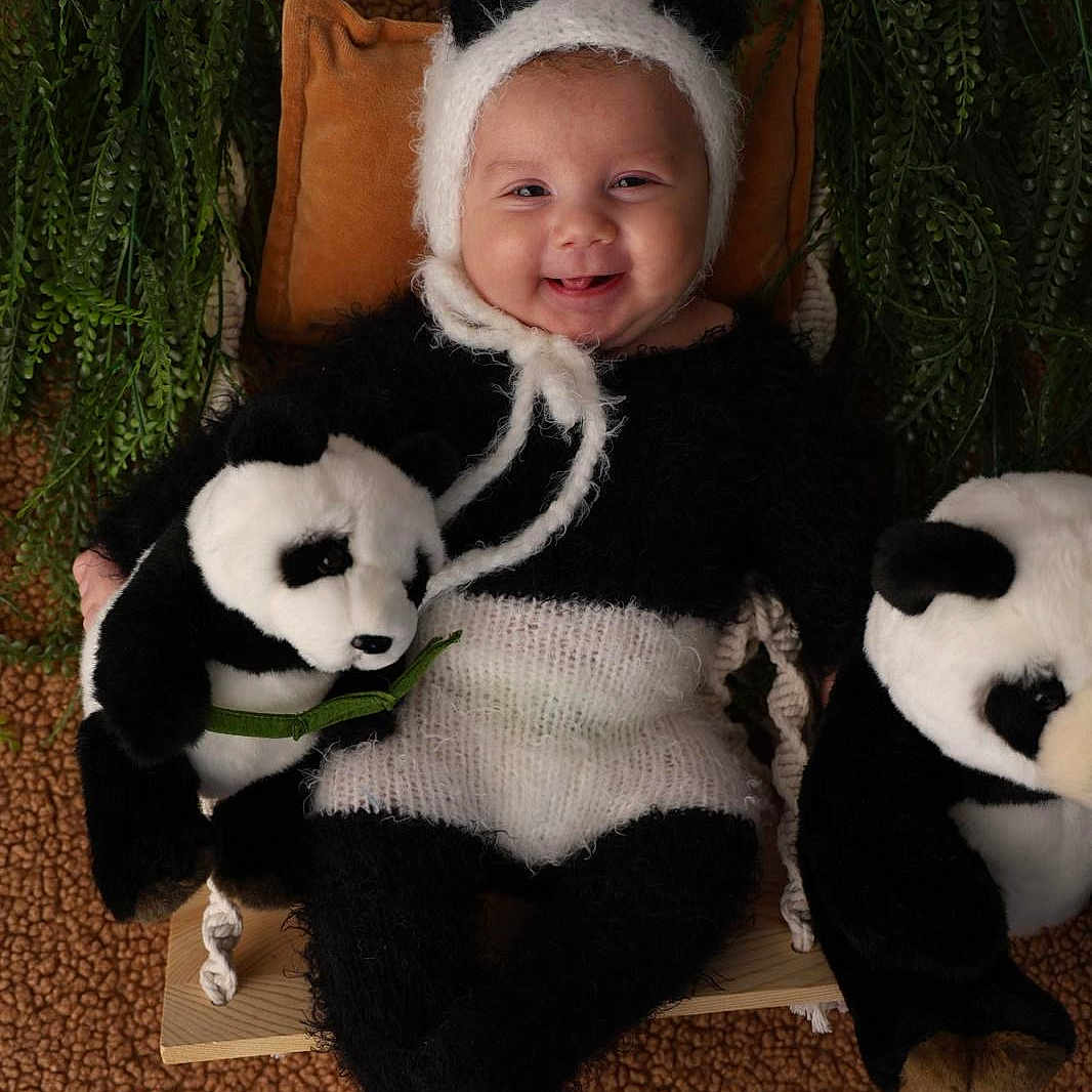 Hadryel participe au concours pour gagner de l'argent avec cette photo : baby, black_and_white, child, cozy, cuddly, cute, greenery, happy, headwear, indoor, infant, nature, panda_costume, playful, plush_toy, portrait, sitting, smile, soft_texture, toy