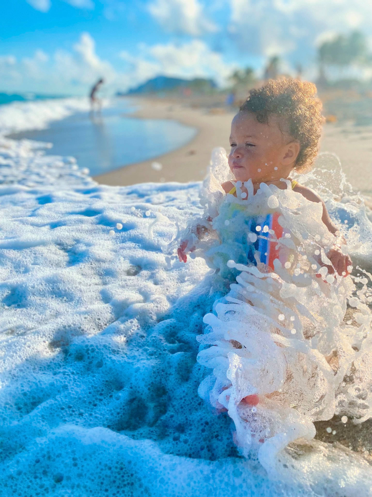 Jailyn joined the competition — help win amazing prizes! aqua, azure, blue, body_of_water, cloud, dress, flash_photography, freezing, fun, happy, lake, landscape, leisure, people_in_nature, person, sand, sky, sunlight, toddler, water