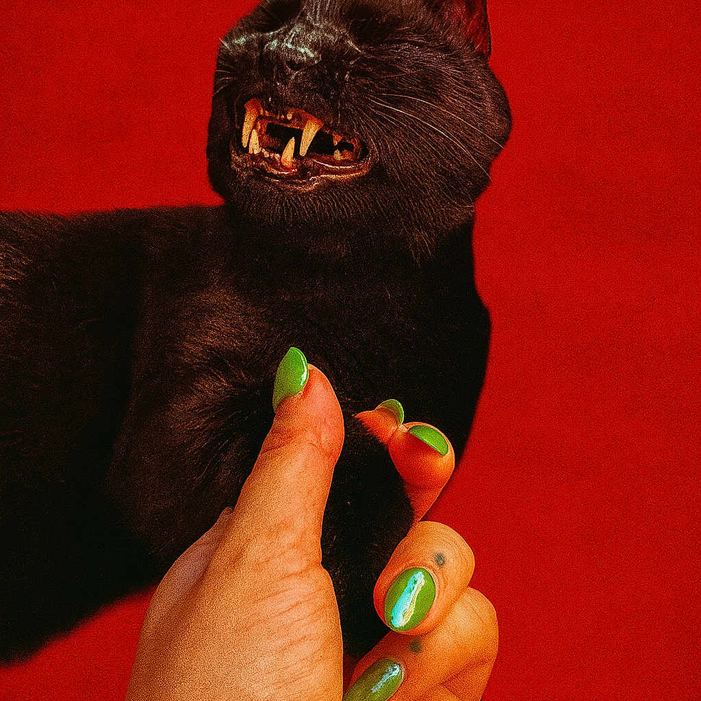 Belzebuth participe au concours pour gagner de l'argent avec cette photo : animal, black_cat, cat, claws, closeup, contrast, domestic_cat, expression, fangs, feline, fur, green_nail_polish, hand, human_hand, mammal, pet, portrait, red_background, sharp_teeth, vivid_colors