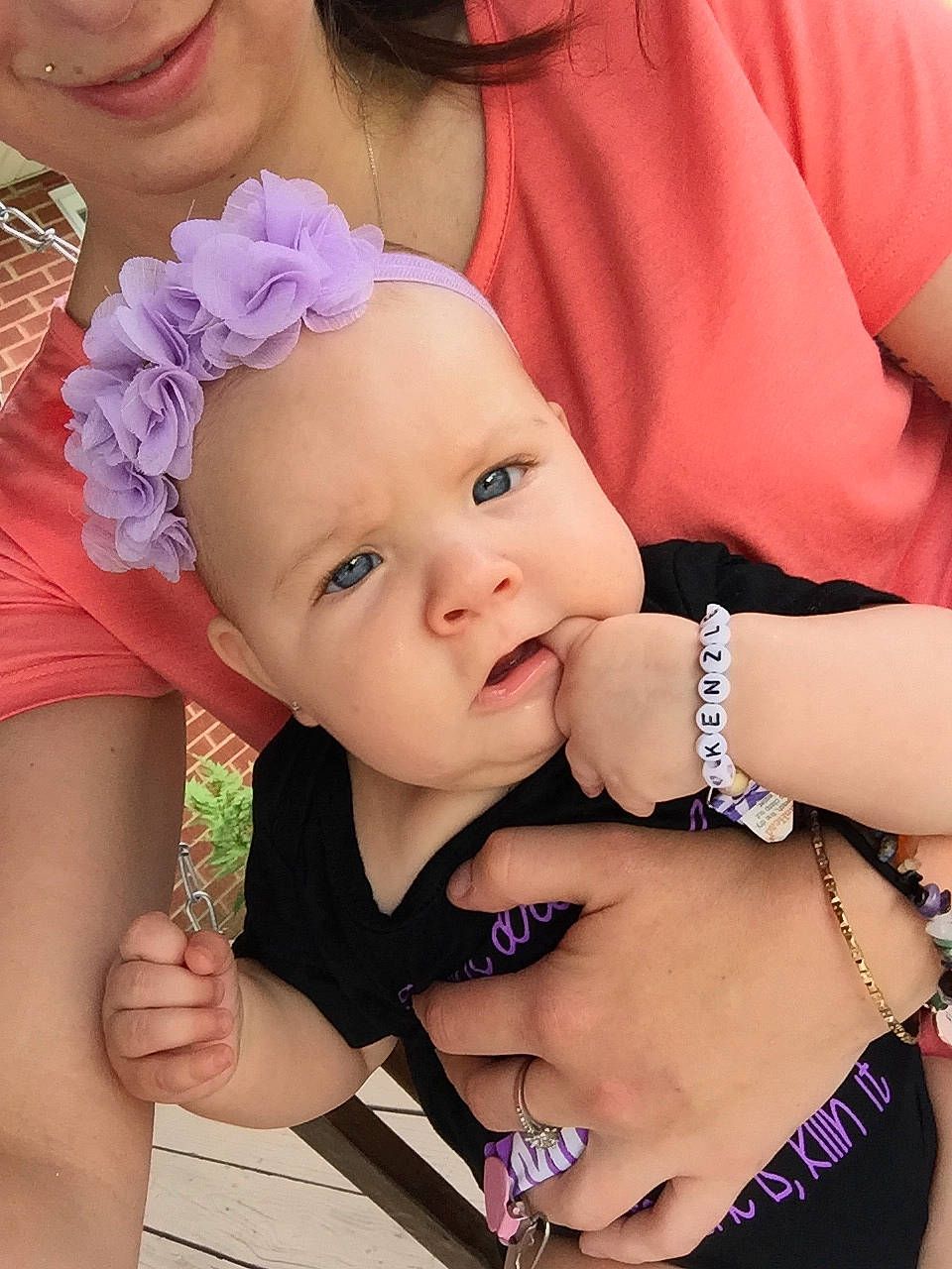 Kenzleigh joined the competition — help win amazing prizes! baby, baby_products, baby_toddler_clothing, cheek, child, fashion_accessory, finger, gesture, hair_accessory, hand, headband, headgear, headpiece, person, pink, product, skin, smile, toddler