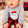baby, child, infant, portrait, sitting, christmas, santa, festive, holiday, teddy_bear, plaid, red, gray, outdoor_not_visible, indoors, nursery, blanket, smiling, face, photography