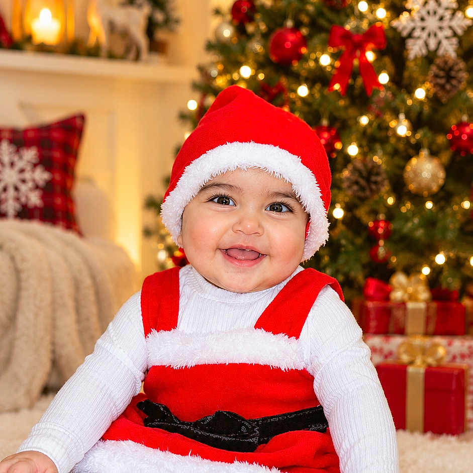 Myra joined the competition — help win amazing prizes! baby, child, santa_costume, christmas, christmas_tree, holiday, smiling, sitting, portrait, indoor, living_room, carpet, wrapped_gifts, ornaments, red_bow, snowflake_ornament, festive, warm_lighting, infant, family_home