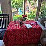dog, table, red_plaid, flowers, vase, book, window, garden, tree, chair, figurines, indoor, outdoor, cushion, sofa, wood_floor, sunlight, decor, pet, harness