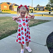 Hadley-Rae joined the competition — help win amazing prizes! child, girl, pigtails, red_bows, dress, apples, sneakers, sidewalk, suburb, neighborhood, grass, street, houses, daylight, sky, playful, peace_sign, smile, outdoor, person