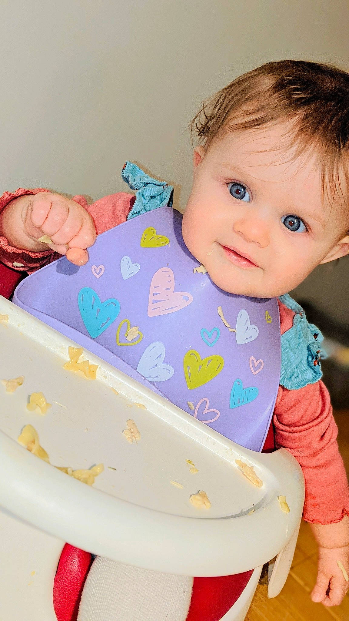 Isabella joined the competition — help win amazing prizes! baby, baby_food, baby_playing_with_toys, baby_products, baby_toddler_clothing, cheek, child, dishware, fun, happy, iris, person, pink, product, serveware, sitting, skin, sleeve, t_shirt, tableware