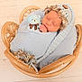 newborn, baby, sleeping, blue_blanket, knitted_hat, teddy_bear, wooden_basket, floor, cozy, cute, infant, portrait, child, peaceful, indoor, soft_lighting, wrapped, tiny, adorable, resting