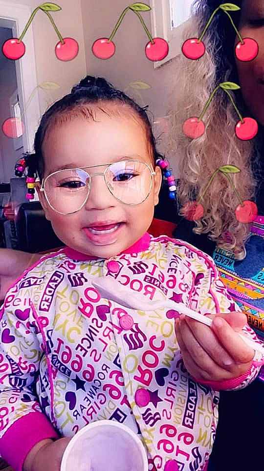 Megan is registered to the contest to win money with this photo: child, cool, eye, eyewear, fun, girl, glasses, happiness, infant, lip, magenta, person, pink, product, purple, skin, smile, toddler, vision_care