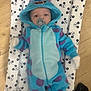 Archie is registered to the contest to win money with this photo: baby, onesie, hood, pacifier, mickey_mouse, changing_mat, floor, purple_spots, blue_clothing, infant, cute, indoor, child, lying_down, soft_fabric, patterned, feet, toy_costume, playful, warm_clothing