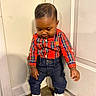 Tylan joined the competition — help win amazing prizes! toddler, child, plaid_shirt, jeans, white_sneakers, standing, indoor, door, wall, curious, looking_down, red, blue, patterned_rug, floor, casual_clothing, young_child, baby, person, footwear