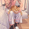 tattoo, person, cat, orange_tabby, sitting, chair, pants, slippers, black_socks, window, flooring, bed, bedroom, hand, relaxed, digital_art, illustration, modern_room, pastel_colors, tattooed_arm