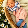 Ka'Mari joined the competition — help win amazing prizes! baby, newborn, sleeping, basket, blanket, flowers, daisies, outdoor, nature, soft_lighting, cozy, infant, cute, peaceful, portrait, clothing, blue_socks, checkered_shirt, pink_pants, relaxation