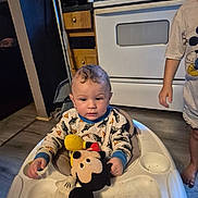 Zaiden is registered to the contest to win money with this photo: baby, child, infant, high_chair, mickey_mouse, stuffed_toy, toy, kitchen, stove, appliances, indoor, sitting, portrait, curious, clothing, pajamas, smiling, wood_floor, home, family