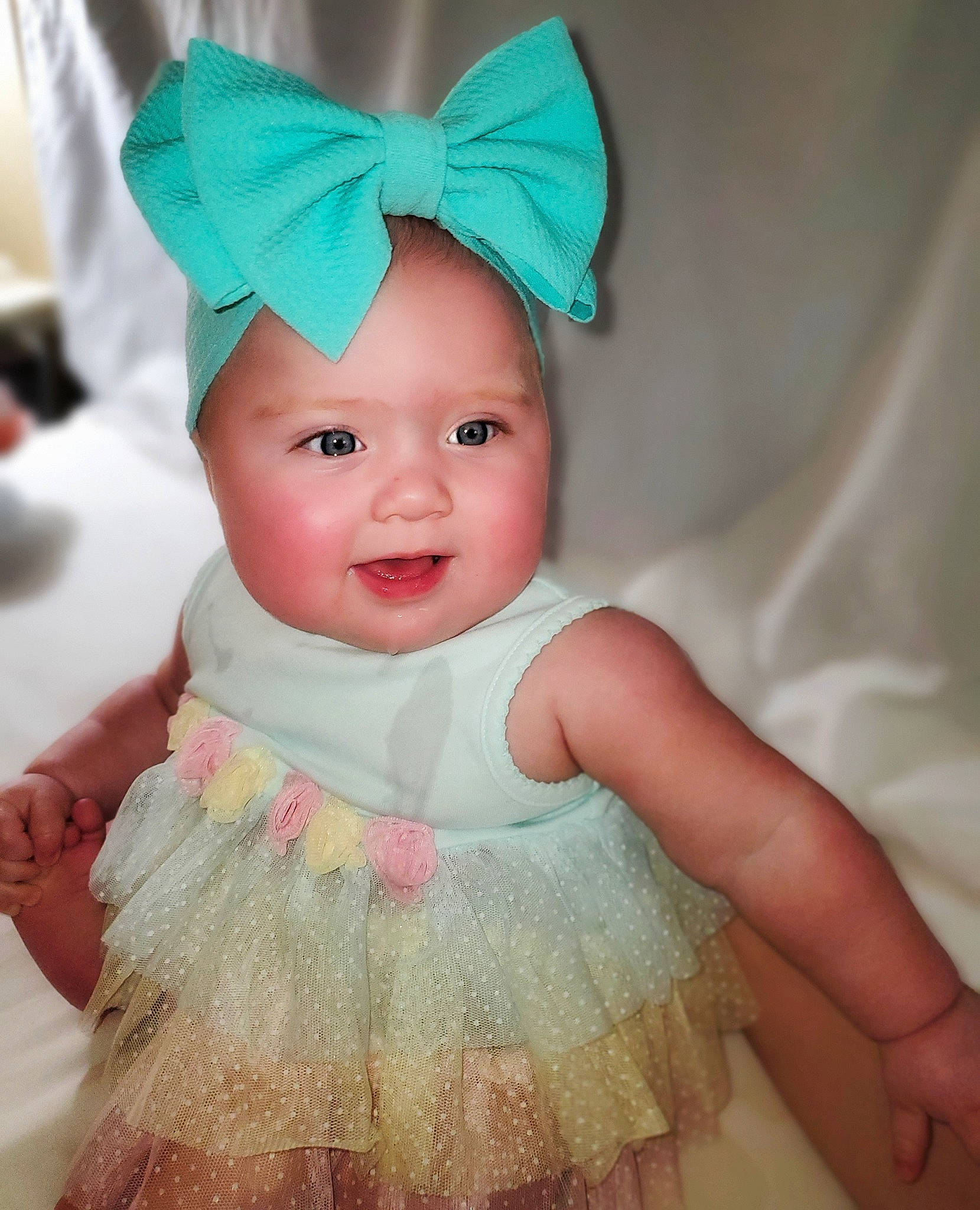 Journey joined the competition — help win amazing prizes! baby, baby_toddler_clothing, child, costume, costume_hat, day_dress, fashion_accessory, hair_accessory, happy, headband, headgear, headpiece, headwear, magenta, pattern, peach, person, pink, sleeve, smile