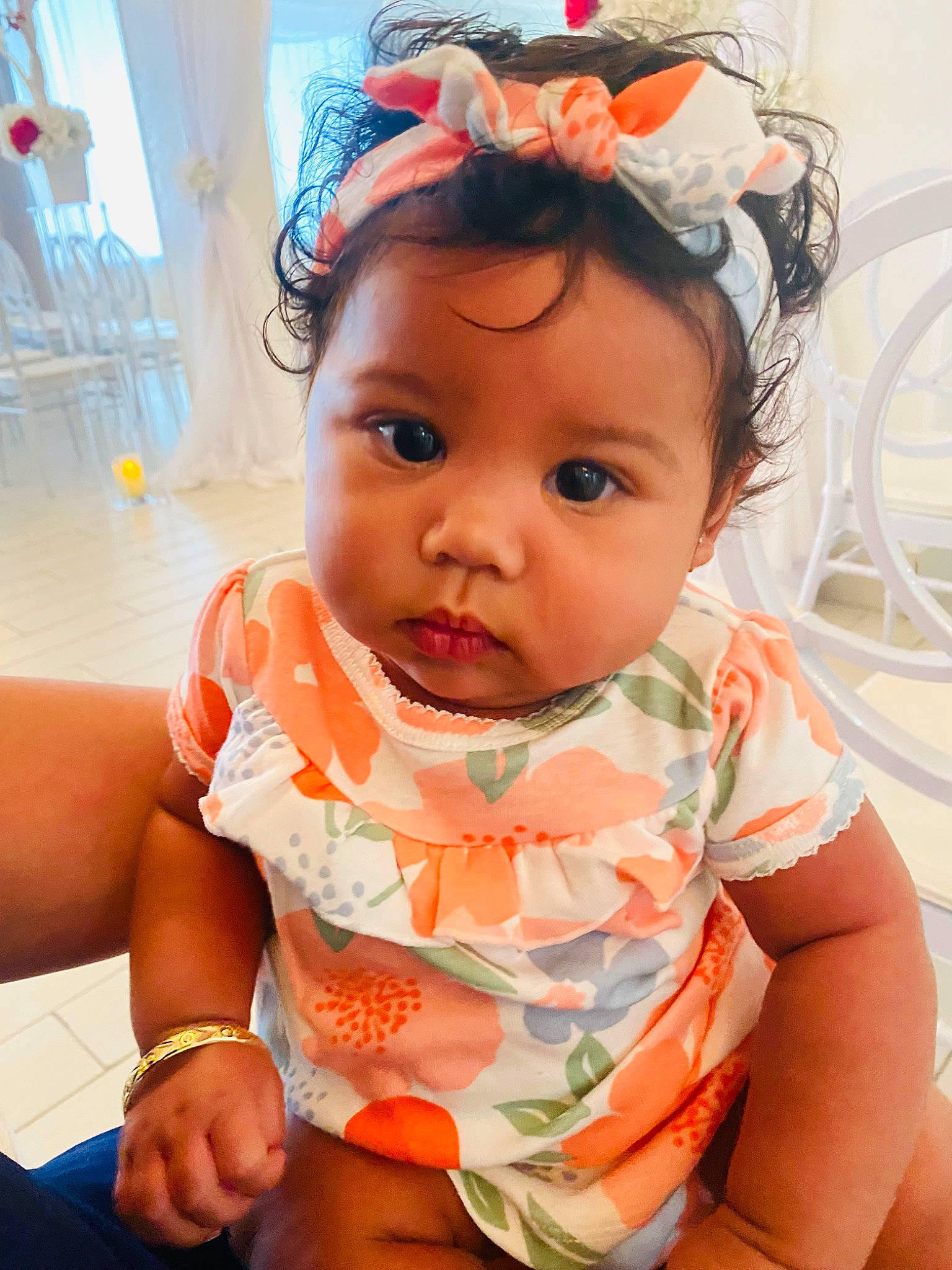 Treasure joined the competition — help win amazing prizes! baby, baby_toddler_clothing, cheek, child, eyelash, fashion_accessory, fun, hair_accessory, happy, headband, headgear, headpiece, iris, neck, orange, person, sitting, skin, sleeve, toddler