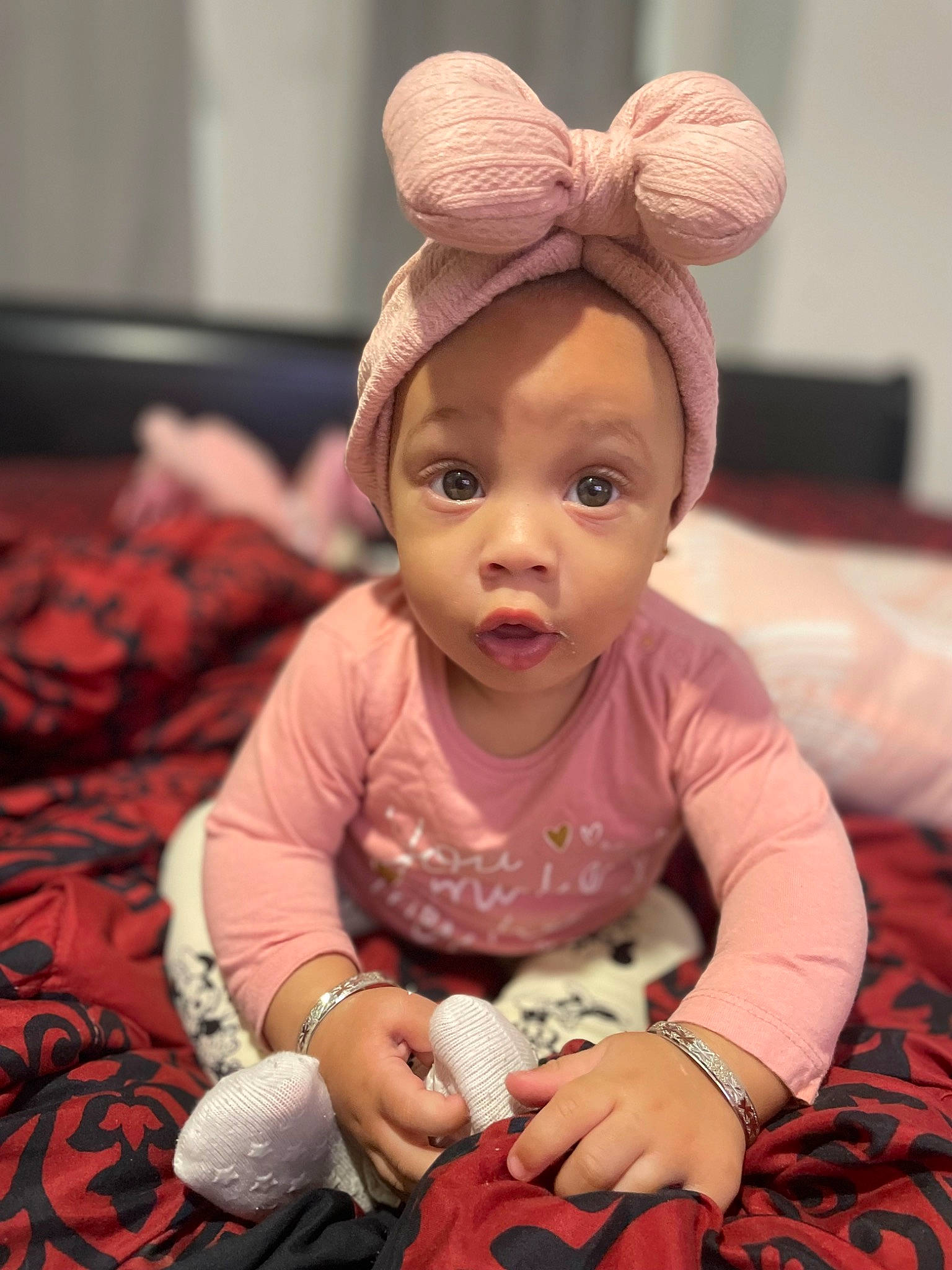 Kayla is registered to the contest to win money with this photo: baby, baby_toddler_clothing, cheek, child, chin, costume_hat, eyelash, facial_expression, finger, fun, happy, head, human, human_body, magenta, mammal, people, person, pink, skin