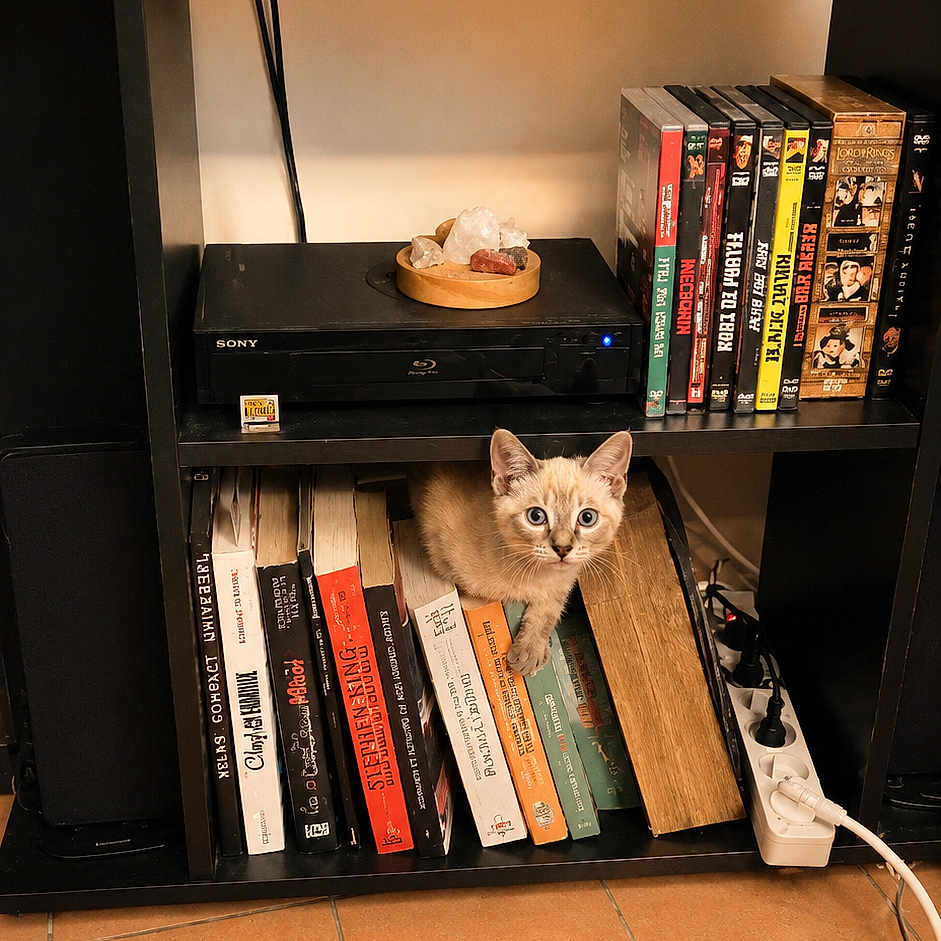 Belette a rejoint le concours — aidez-le/la à gagner de superbes lots ! cat, kitten, bookshelf, books, dvds, indoor, curious, floor_tiles, power_strip, electronics, sony, wooden_shelf, brown_cat, pet, home, living_room, sitting, looking, cable, furniture
