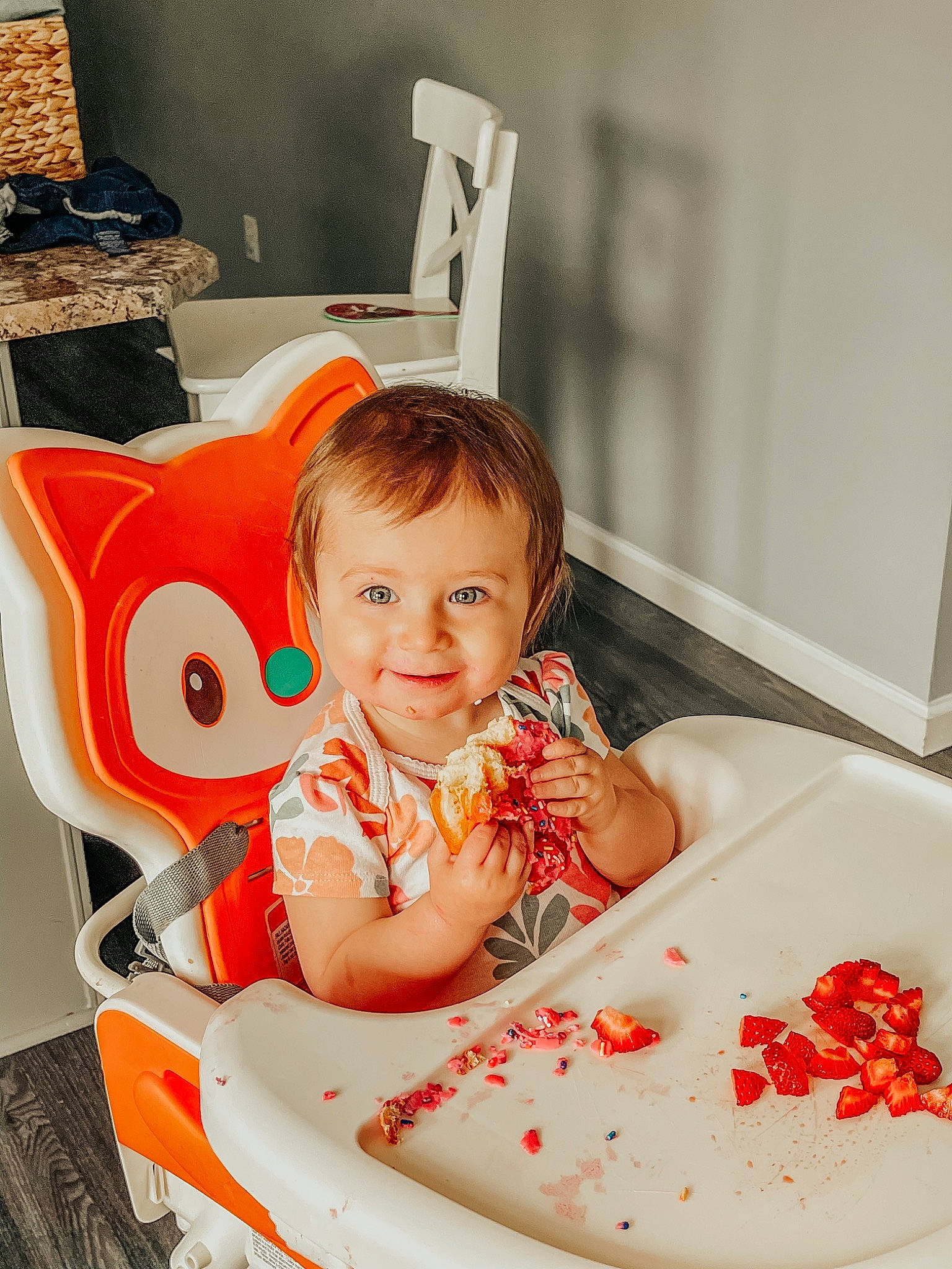Ellie joined the competition — help win amazing prizes! automotive_wheel_system, baby, baby_toddler_clothing, carmine, chair, child, comfort, design, fun, happy, joy, person, personal_protective_equipment, plate, product, red, room, sitting, smile, t_shirt