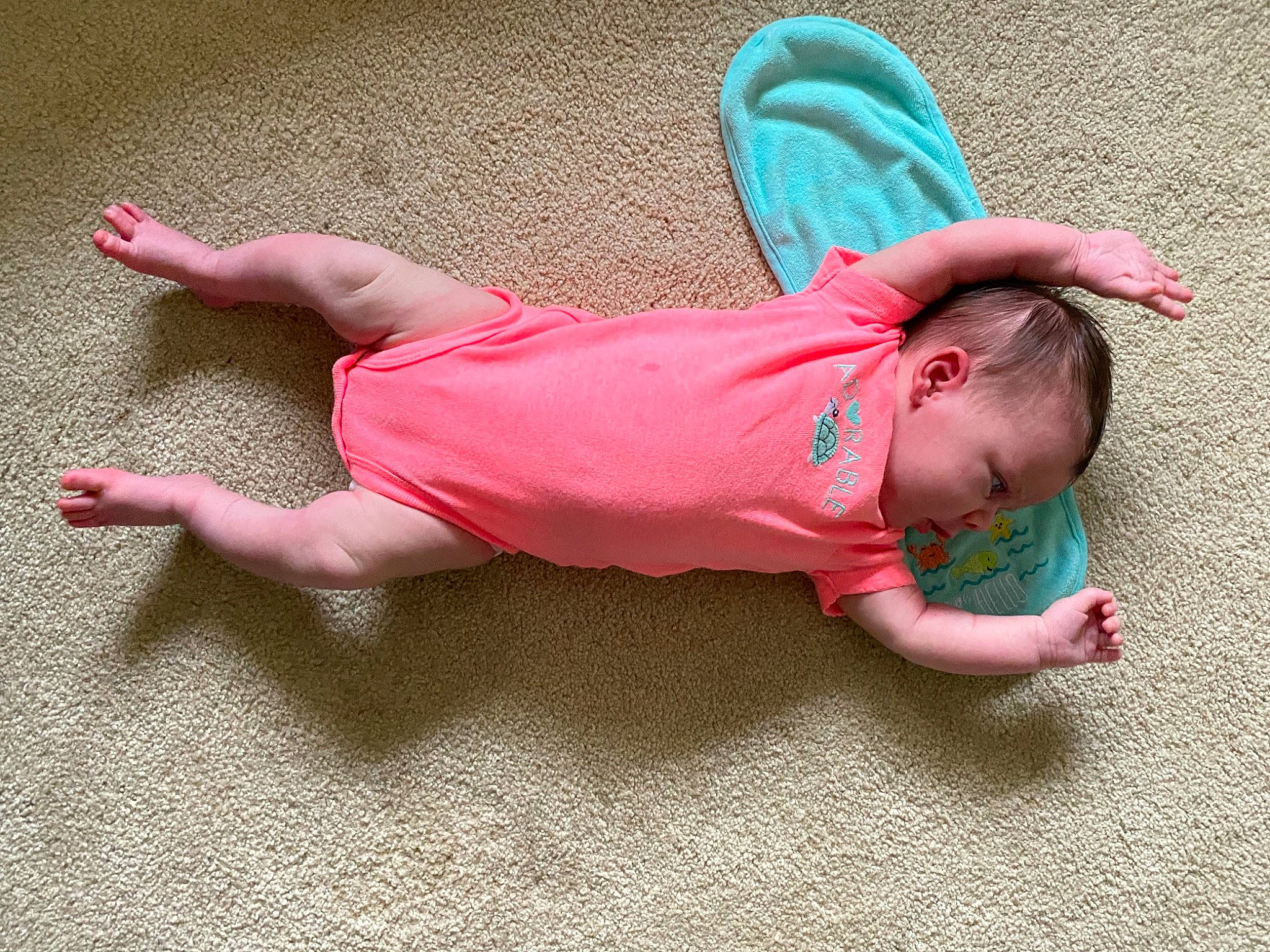 Bella is registered to the contest to win money with this photo: baby, baby_toddler_clothing, barefoot, comfort, dress, finger, flooring, foot, grass, head, human_body, joint, knee, leg, person, pink, sleeve, t_shirt, thigh, toddler