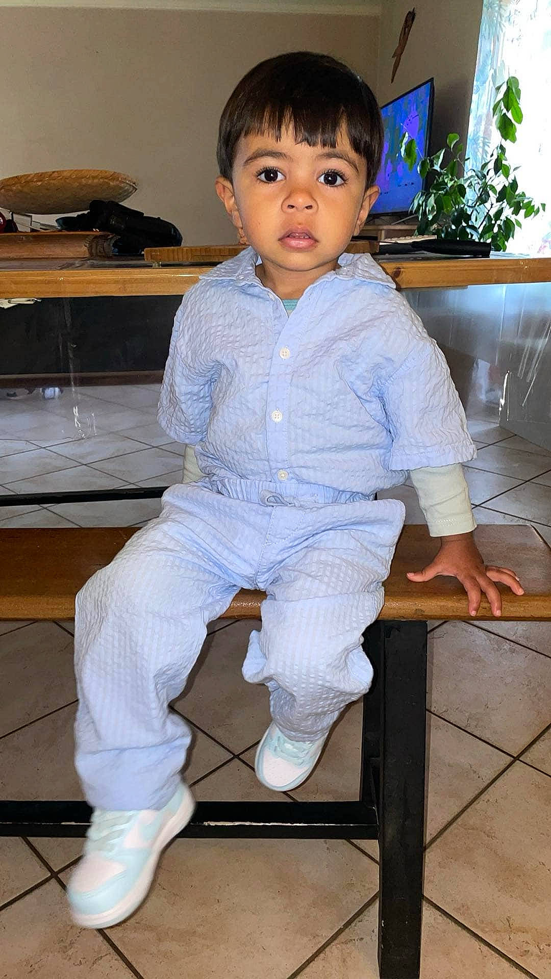 Maylone a rejoint le concours — aidez-le/la à gagner de superbes lots ! bench, blue_clothing, boy, casual, child, curtain, expression, face, furniture, hair, hand, indoor, person, plant, sneakers, table, television, tile_floor, toddler, wood