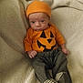 Micha is registered to the contest to win money with this photo: baby, infant, pumpkin_hat, orange_clothing, grey_pants, striped_socks, blanket, cozy, cute, child, portrait, indoors, warm, soft_texture, smiling, wide_eyes, seated, casual, comfortable, festive