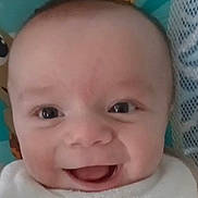 Micha is registered to the contest to win money with this photo: baby, smile, face, close_up, joyful, infant, eyes, happy, child, cute, skin, mouth, expression, person, head, cheeks, indoors, young, portrait, baby_clothing