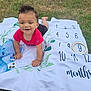Carmello joined the competition — help win amazing prizes! baby, black_shorts, child, crawling, curly_hair, elephant_illustration, face, grass, hands, happy, head, infant, milestone_blanket, months, numbers, outdoor, person, playtime, red_shirt, smiling