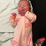 Everleigh joined the competition — help win amazing prizes! baby, newborn, infant, onesie, pink, flamingo_print, sleeping, smiling, blanket, bed, cushion, fabric, soft, cozy, resting, cute, child, person, indoors, portrait