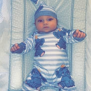 Kody is registered to the contest to win money with this photo: baby, baby_boy, child, cute, elephant_print, hat, indoors, infant, infant_clothing, lying_down, newborn, onesie, padded_mat, polka_dot, portrait, resting, sleepwear, soft_fabric, striped_clothing, white_socks