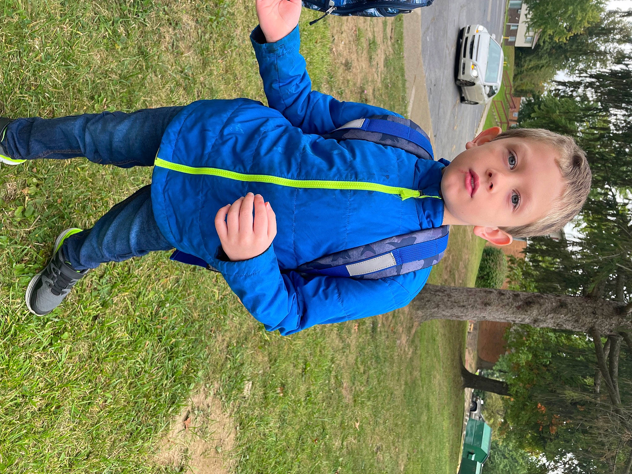 Carson joined the competition — help win amazing prizes! baby_toddler_clothing, child, electric_blue, fun, grass, happy, leisure, people_in_nature, person, plant, play, recreation, sweatpant, toddler, tree, vehicle