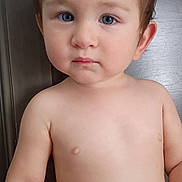 Leif joined the competition — help win amazing prizes! toddler, child, baby, face, blue_eyes, skin, bare_chest, expression, portrait, sitting, curious, young, person, indoors, hair, cute, innocent, closeup, human, head