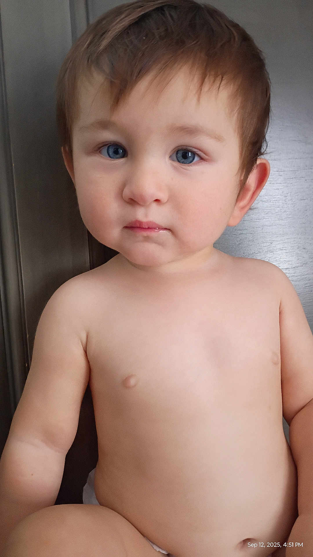 Leif joined the competition — help win amazing prizes! toddler, child, baby, face, blue_eyes, skin, bare_chest, expression, portrait, sitting, curious, young, person, indoors, hair, cute, innocent, closeup, human, head
