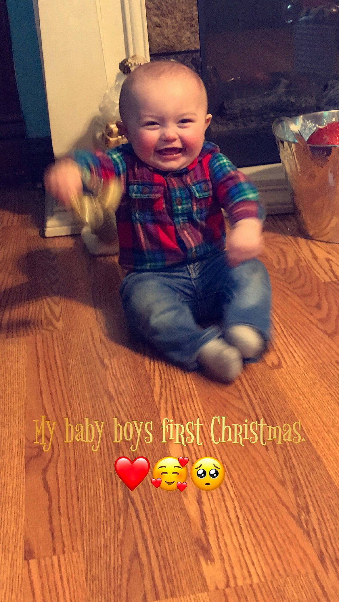 Gunner is registered to the contest to win money with this photo: baby, baby_laughing, baby_playing_with_toys, baby_toddler_clothing, child, floor, flooring, hardwood, heart, laminate_flooring, overall, person, plank, play, sock, toddler, varnish, wood, wood_flooring, wood_stain